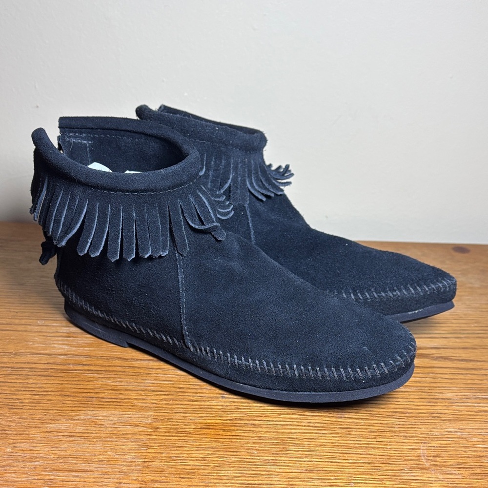 Black Minnetonka Suede Fringe Ankle Boots